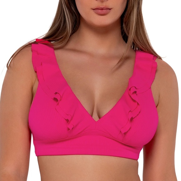 NEW Sunsets Willa Wireless Ruffle Bikini Sandbar Ribbed Swim Top 564 Begonia - Picture 1 of 4